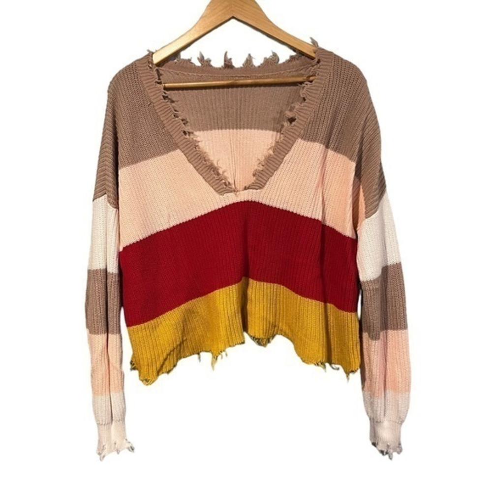 Colorblock Distressed V-Neck Oversized Knit Sweater‎ Striped Boho Tan #275